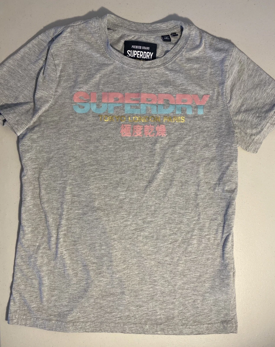 Superdry Womens TSHIRT US 8 UK 12 Grey Gray Tokyo London Paris Short Sleeve