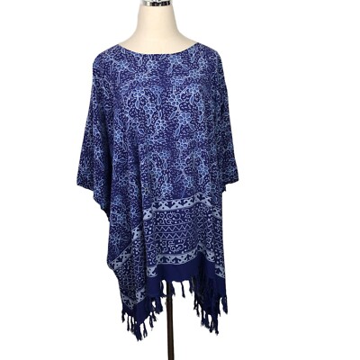Reds Threads Tunic Top Womens Medium Vintage Blue Floral Fringed Beach Cover Up