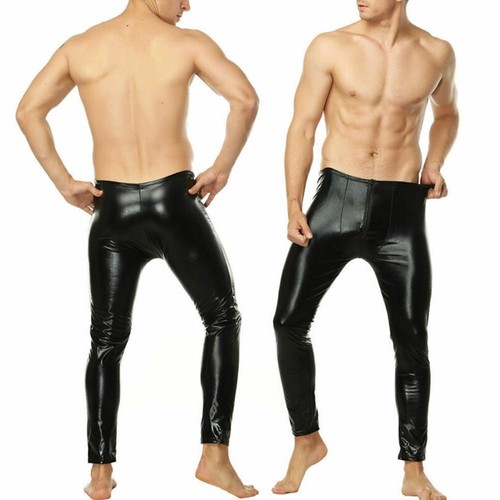 Black Tight Leggings Clubwear PU Leather Pants with Pouch Zip for Men's Fashion - Picture 2 of 27