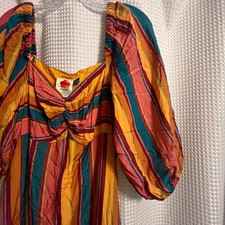 ANTHROPOLOGIE FARM RIO Size Med Vibrant Rainbow Striped Midi Dress Poof NWOT