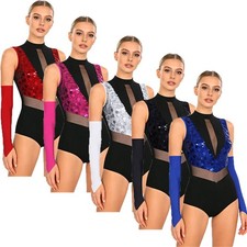 Women Dancewear Gloves Outfit Color Block Bodysuit Sheer Shiny Gymnastics Stage