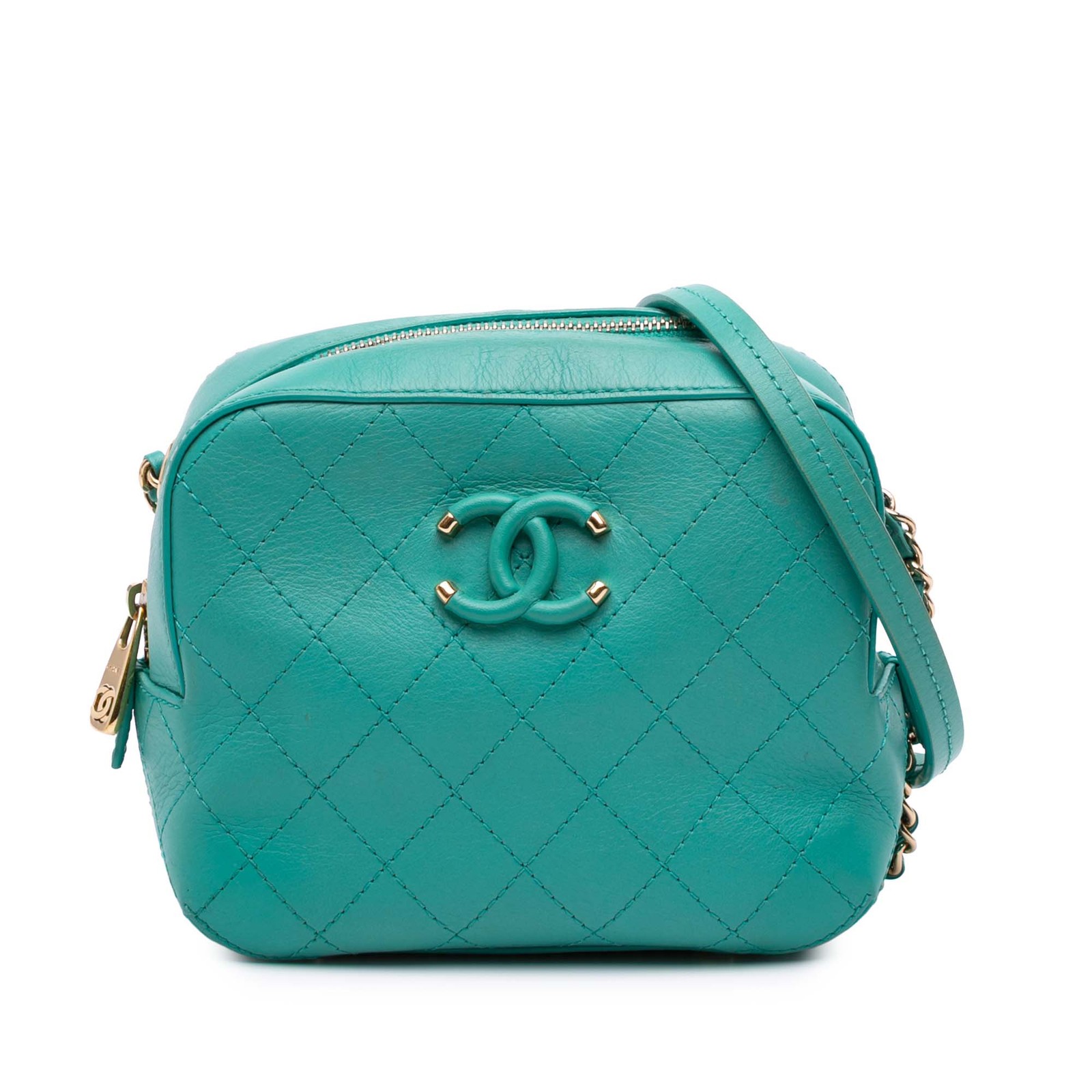 Authentic Chanel CC Stitched Calfskin Enamel Camera Bag in Blue