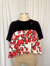 Upcycled, Sustainable: Cropped Black Red Floral Embroidered Pleated Top