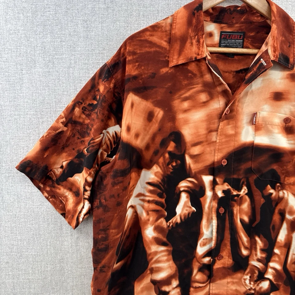 VINTAGE FUBU Shirt XL Brown Rap Hip Hop All Over Print Short Sleeve Button Up - Image 3 of 4
