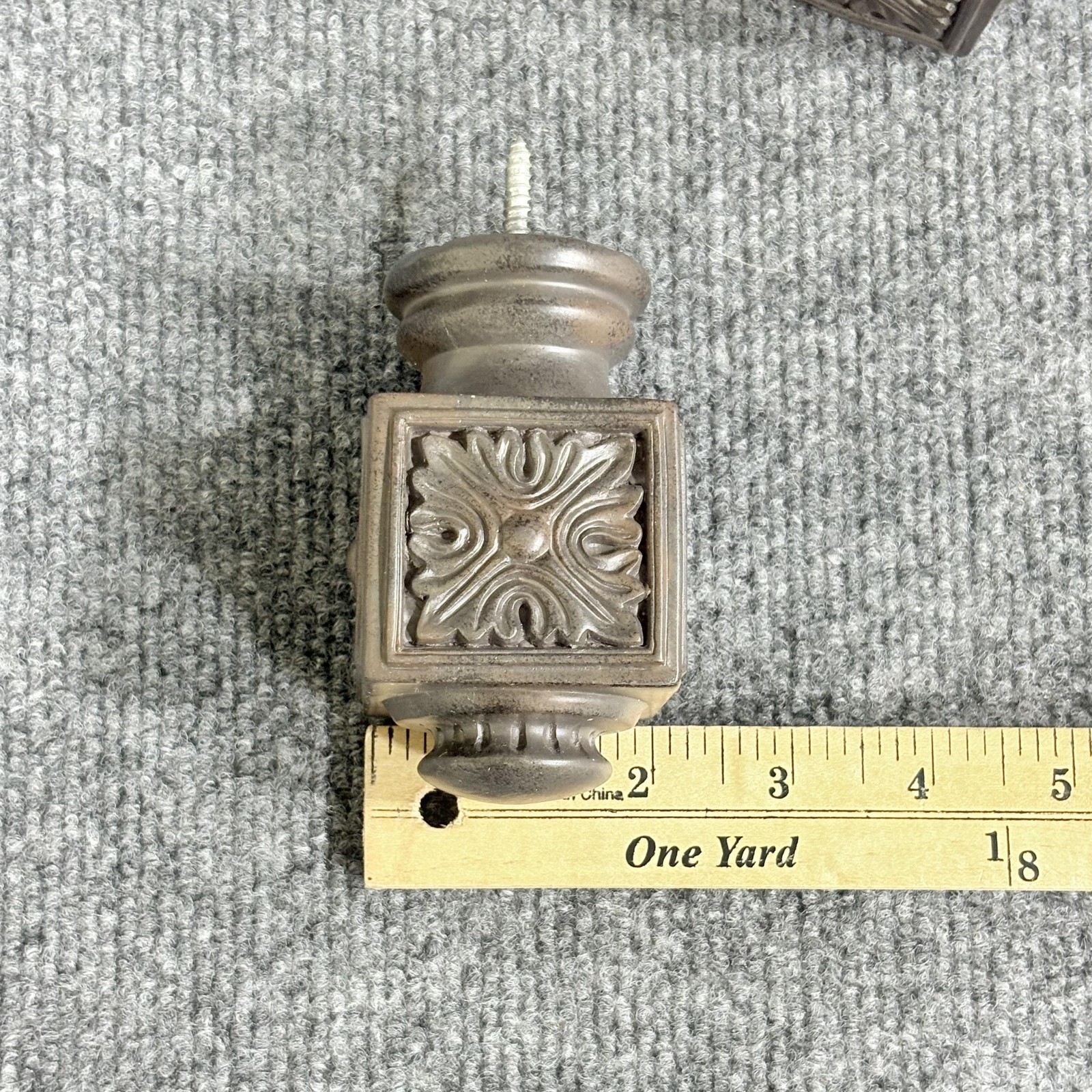 Pair Robert Allen Finials Ornate Square Vintage Style Carved Floral Decor