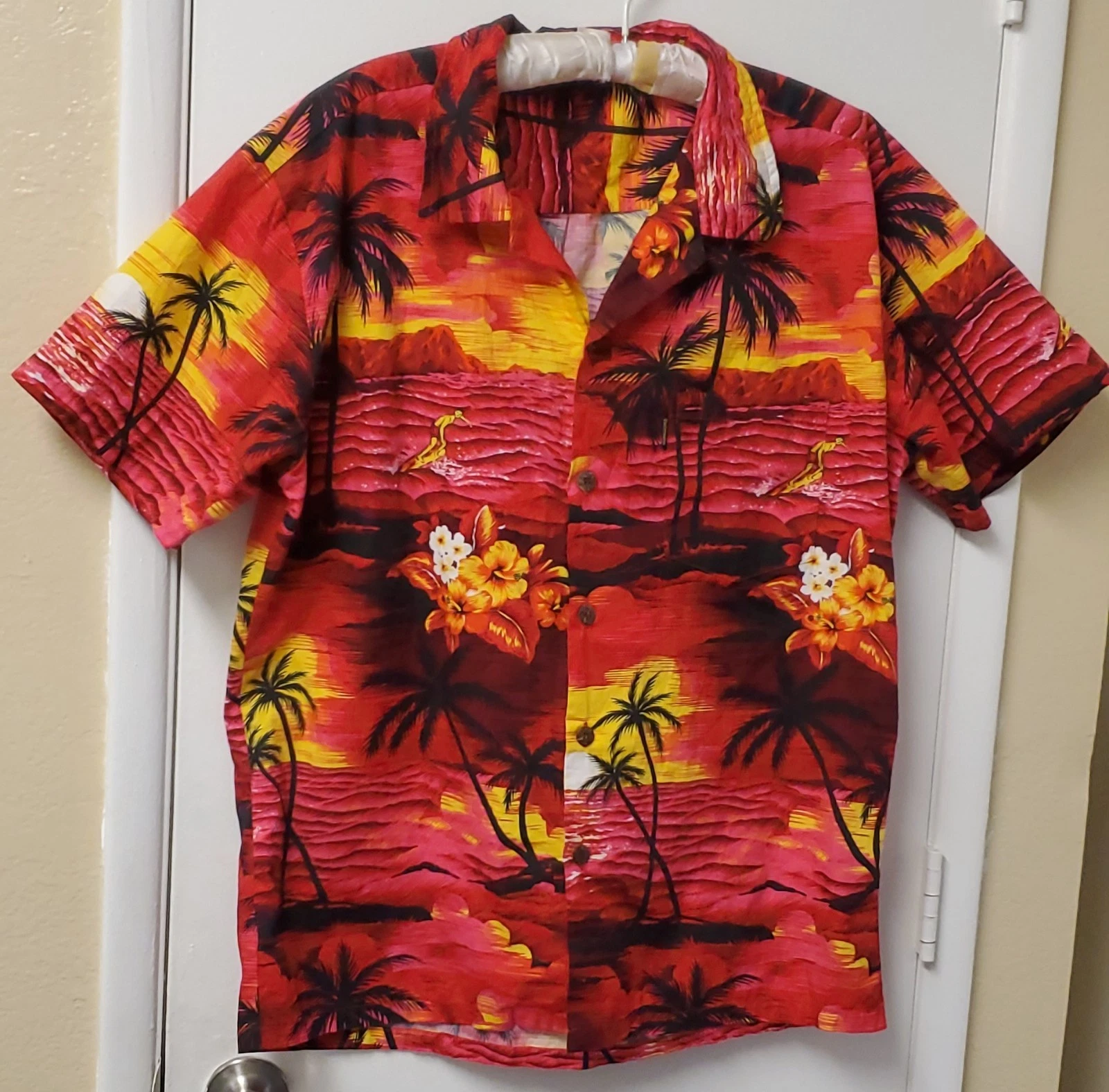 Palmwave Hawaiian Camp Shirt Men's Red Floral Print Surfer Button Up Sz Large