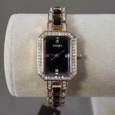 ELGIN Watch Women's Vintage Black & Gold Tone Analog Gemmed 7.5 inch 20 mm