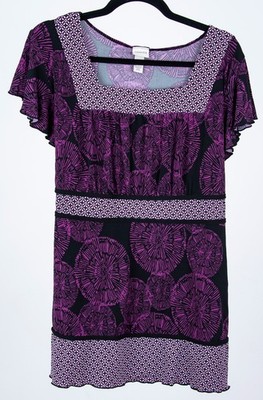 Venezia Womens Purple Black White Flutter Sleeve Tie Back Tunic Top Sz 18/20 EUC