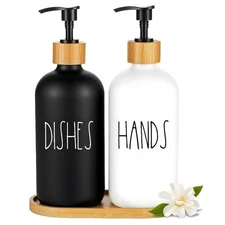 470ml Hand Dish Soap Dispenser Set With Bamboo Tray Refillable Plastic Bottle