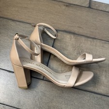 Stuart Weitzman Nudistcurve 75 Block Heels Patent Sandals Womens 8 Nude MSRP 475