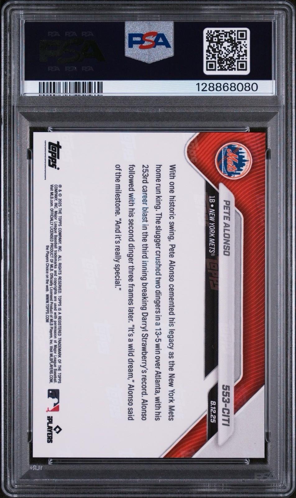 2025 Topps Now Mets Pete Alonso Orange SSP PSA 10 view 2