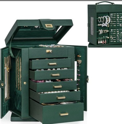 AKOZLIN Beautiful Rotating Jewelry Box 6-Tiers Plus 2 side Parts Organizer-Green