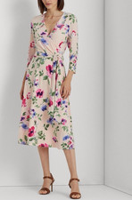 Ralph Lauren Midi Dress 6 Pink Floral A Line 3/4 Long Sleeve Stretch Washable