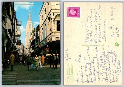 1976 Breda, Holland Shopping Street Grote Kerk Tower Postcard Netherlands