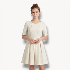 Copper Key Fit & Flare Dress Beige Gold Crew Neck Short Sleeve Knee Length L