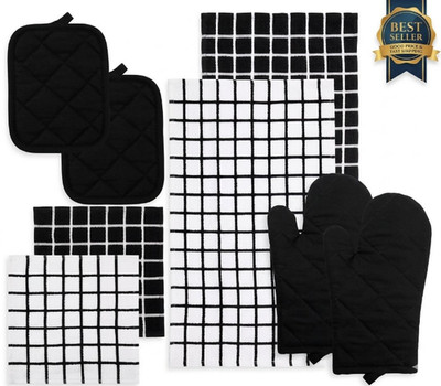 8-Piece Black Cotton Kitchen Towel Set with Dishcloth, Mitt & Potholder