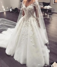 Elegant A-Line Wedding Dresses V-Neck Long Sleeves Lace Appliques Bridal Gowns