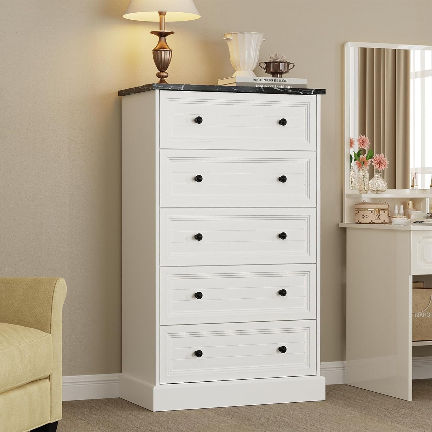 48-Inch Modern Farmhouse Dresser with 5 Drawers and Marble Pattern in Solid Wood