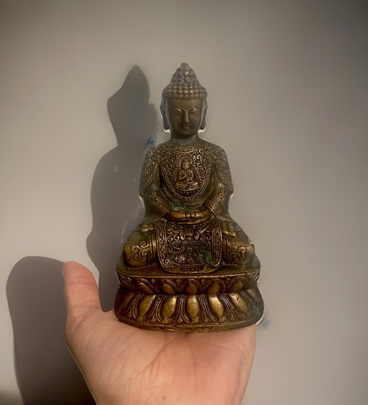 Enchanting Bronze Seated Buddha Statue Detail Robes Buddhist Collectible Antique