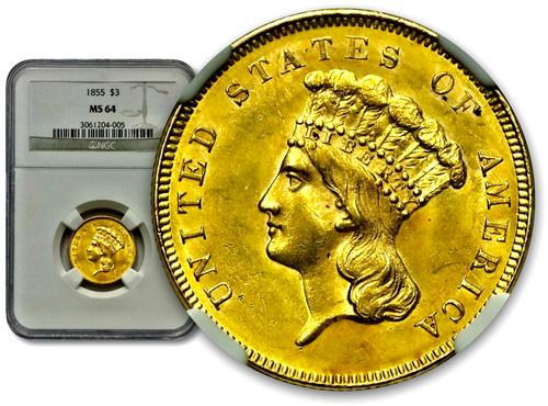 1855 $3 Gold Indian Princess - NGC MS 64 - RARE BG109