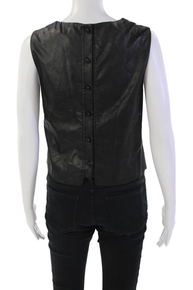 Blusa sin mangas Drew para mujer de cuero vegano con cuello redondo y cremallera negra talla S Foto 3 de 4