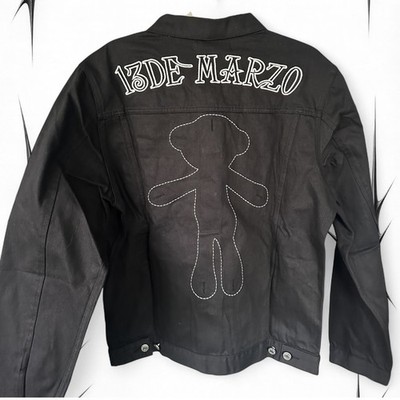 Black Teddy Outline Streetwear Denim Jacket   Men s luxury jacket - 13DeMarzo