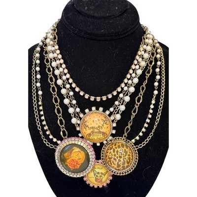 Betsey Johnson Multi Strand Statement Necklace Tea Party Leopard Rose Cupcake