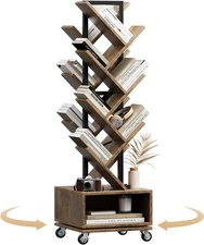 49" Rotating 7-Tier Double-Sided Wood Bookshelf with Wheels, Rustic Brown