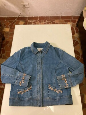 FABULOUS 100% COTTON JEANS JACKET EMBROIDERED & STUDS POCKETS WOMEN'S LARGENWOT 