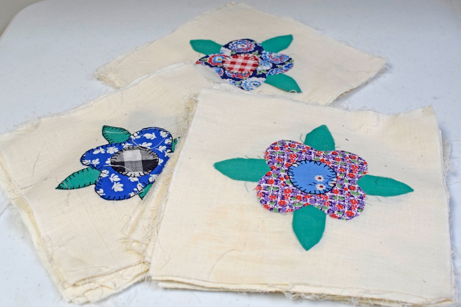 Vintage Antique Quilt Blocks Lot of 42 Applique with Blanket Stitching