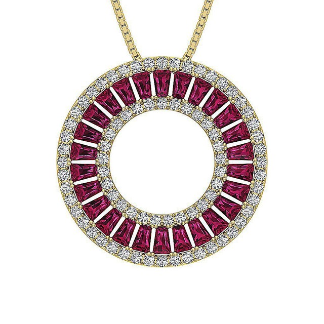 Ruby Baguette Round Diamond Circle Pendant VS1 F 1.50Ct 14K Solid Gold