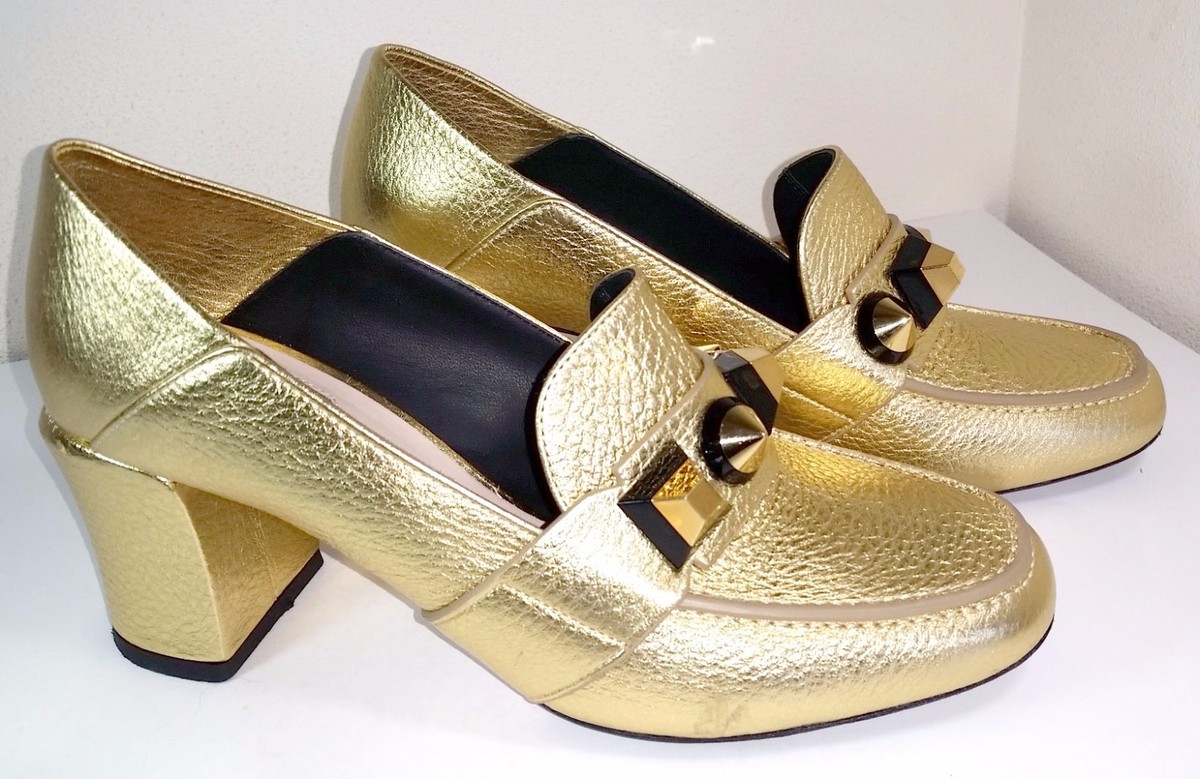 Fendi Loafers Fantazia Gold Leather Metallic Studs Black heel