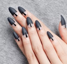 24 Medium Press on nails kit w glue mid frosted black matte clear goth almond