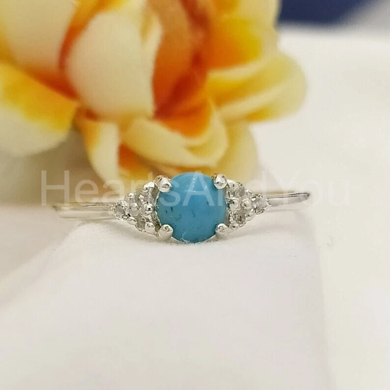 1ct Round Cut Natural Turquoise & Diamond 14k SOLID White Gold Engagement Ring - Image 4 of 4