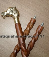Nautical Brass Horse Handle Vintage Wood Curved Spiral Designer Walking Stick