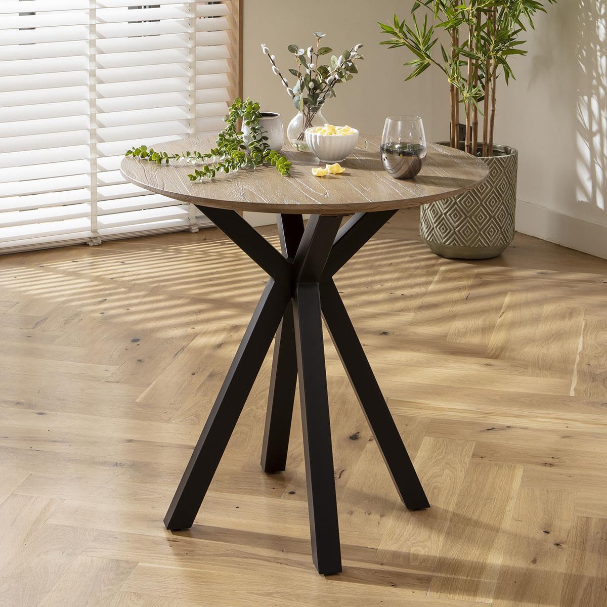 Modern Small Round Seater Wooden Dining Table Black Metal Base 80cm