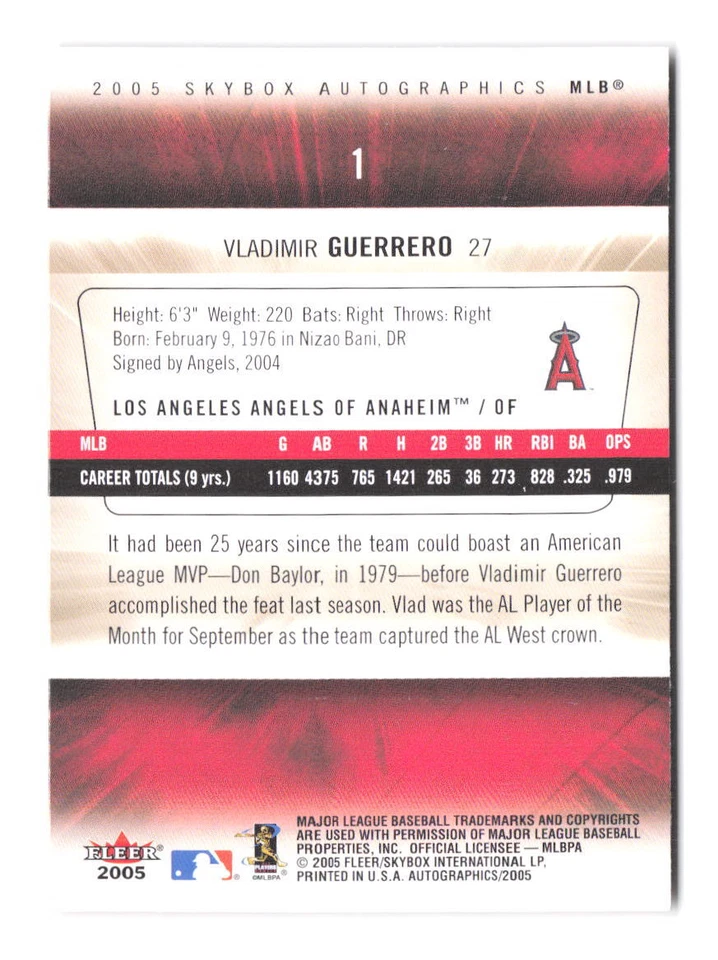 2005 SkyBox Autographics Vladimir Guerrero 1 Los Angeles Angels - Image 2 of 2
