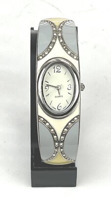 Fabulous White Gray Yellow Enameled LST Cuff Watch - NEW BATTERY - Working