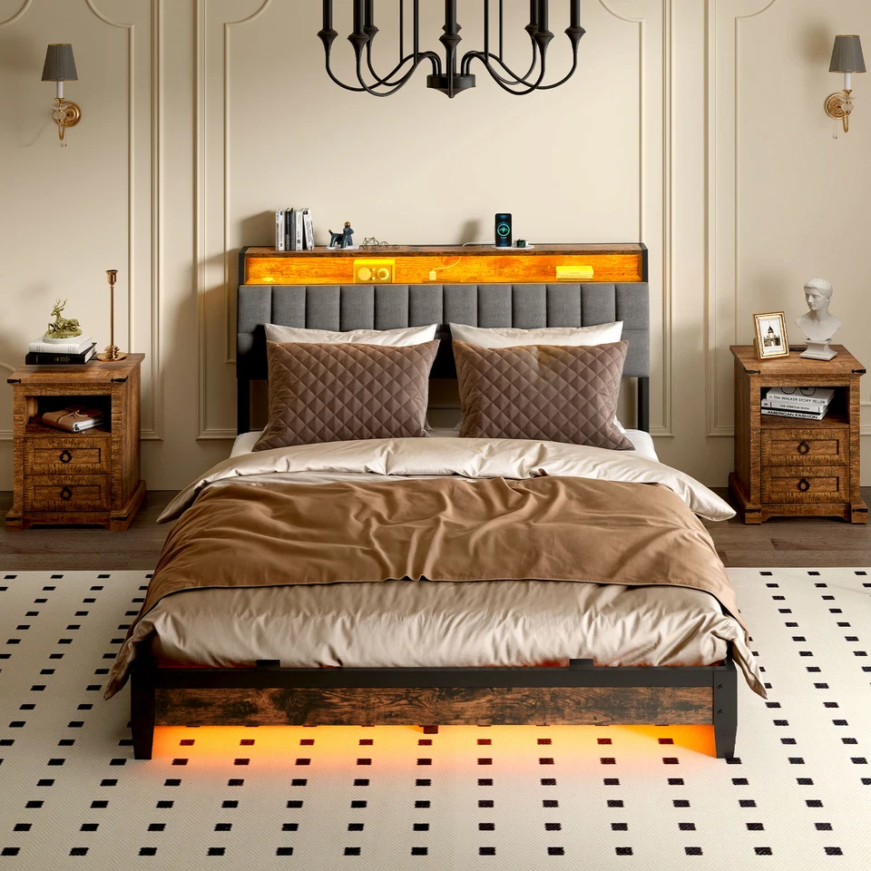 Full/Queen/King Size Bed Frame Upholstered Platform w/RGB LED Lights & 4 Drawers - Image 2 of 4