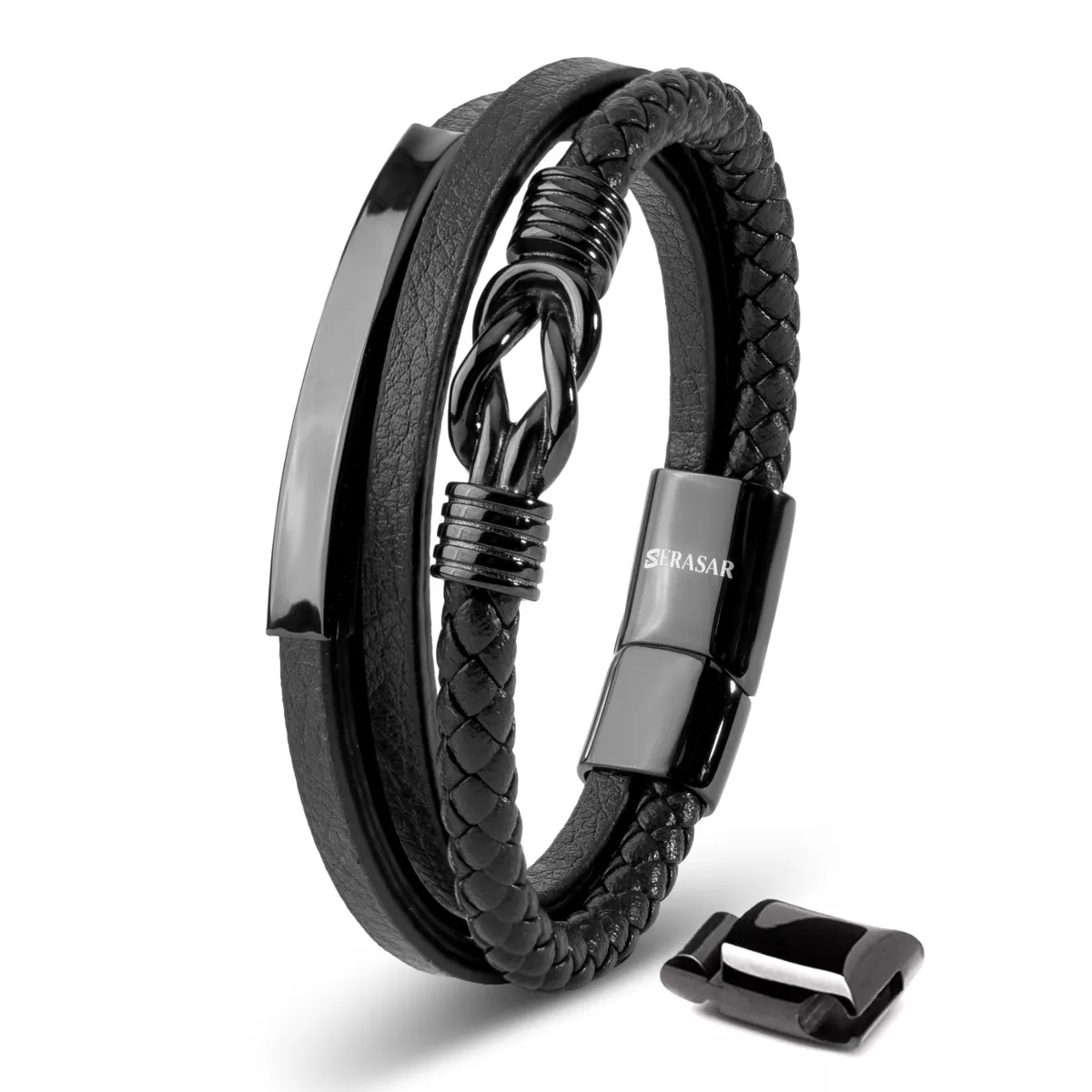 SERASAR Men s Premium Leather Bracelet Proud Black Silver