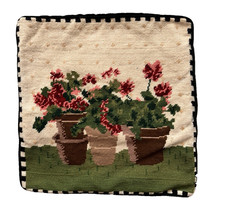 Vintage Needlepoint Cross Pillow Cushion Flowers in A Pot Square 14 in x 14 in