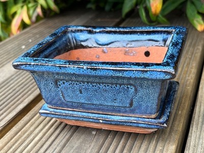 Chinesische Keramik Bonsai Topf & Tablett meliert dunkelblau 12 cm x 9 cm