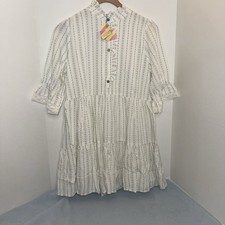 Hayden Girls White/Green Striped Tiered Ruffle High Neck Dress XL 3/4 Slv