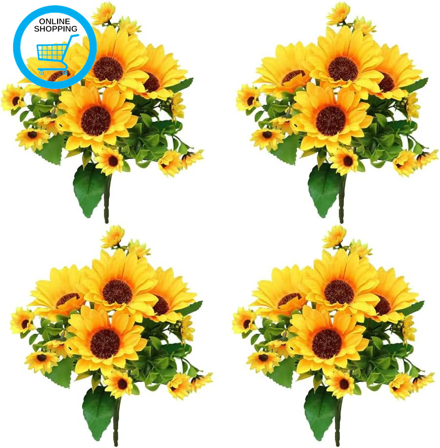 4 Bunches Artificial Sunflower Bouquet, Fake Silk Sunflower Flowers, Realistic S