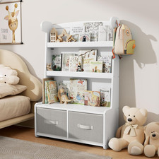 Bamboo Kids Bookshelf with 2 Toy Storage Bins, 3-Tier Toddler Bookcase with Toy