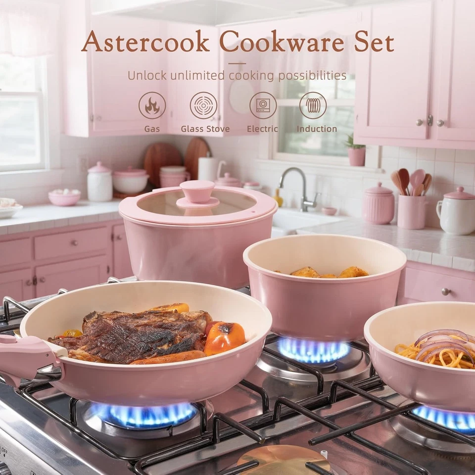 Наборы кухонной посуды Astercook с антипригарным покрытием 21 шт., розовые  - Изображение 2 из 4