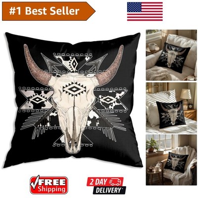 Stylish 18x18 Bohemian Cotton Pillow Cover with Aztec Bull Skull Design