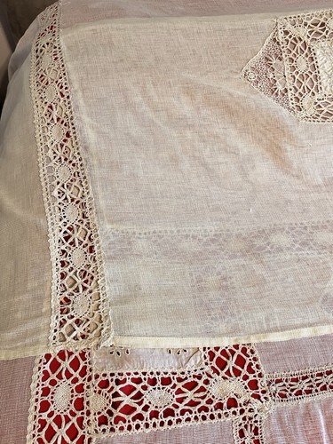 Beautiful Antique Natural Gauzy Linen Bed Cover Lace 84x84 with Pillow Cover - Picture 10 of 24