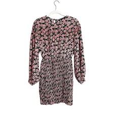 Zara Pink Roses on Black Floral Mini Dress Smocked Skirt Puffy Long Sleeves XS