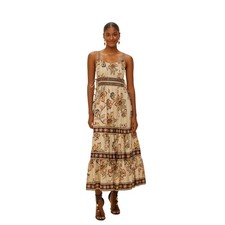 Farm Rio NWT SZMED Aura Floral Sand Maxi Dress Floral Cream Tier Spaghetti Strap